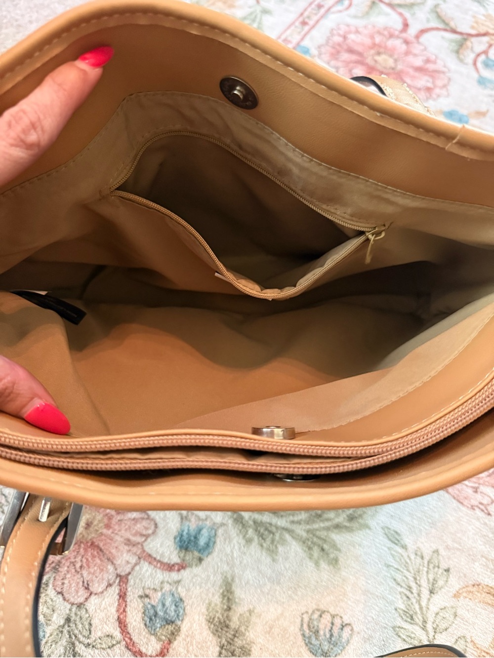 Light Blue and Tan Shoulder Tote with Circle Logo Accent - Picture 9 of 11